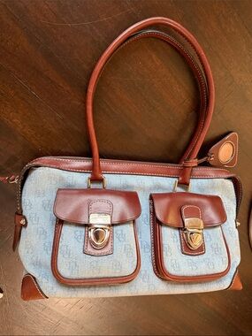 Dooney & Bourke Blue Canvas and Brown Leather Shoulder Bag
